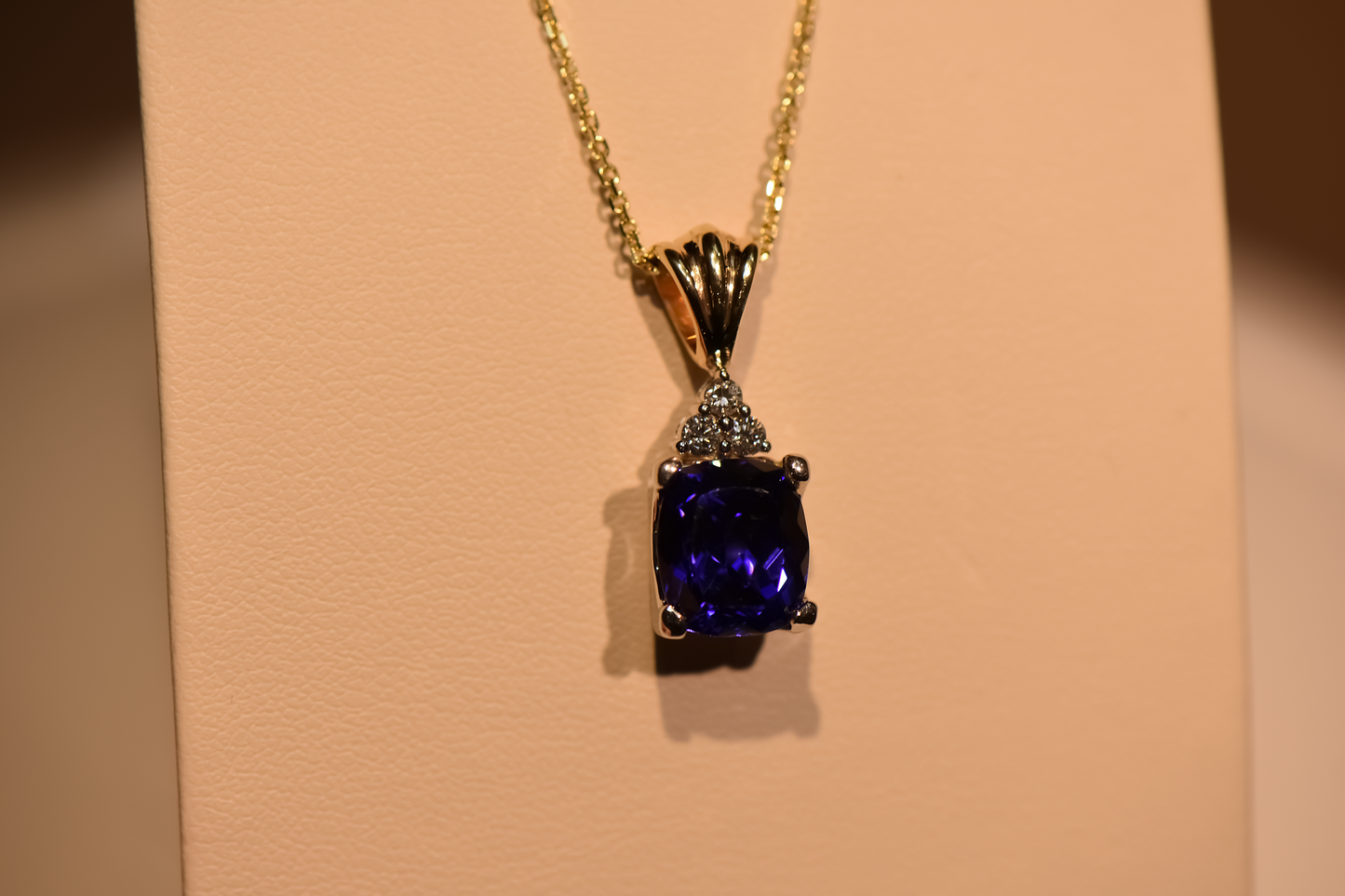 Top Quality Cushion Cut "D Block" Tanzanite & Diamond Pendant in 14k Two-Tone Gold