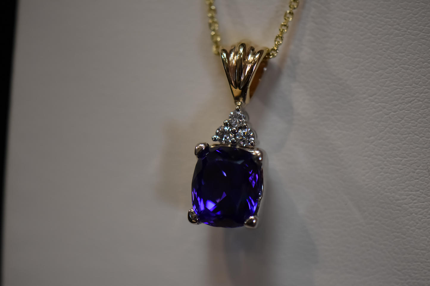 Top Quality Cushion Cut "D Block" Tanzanite & Diamond Pendant in 14k Two-Tone Gold