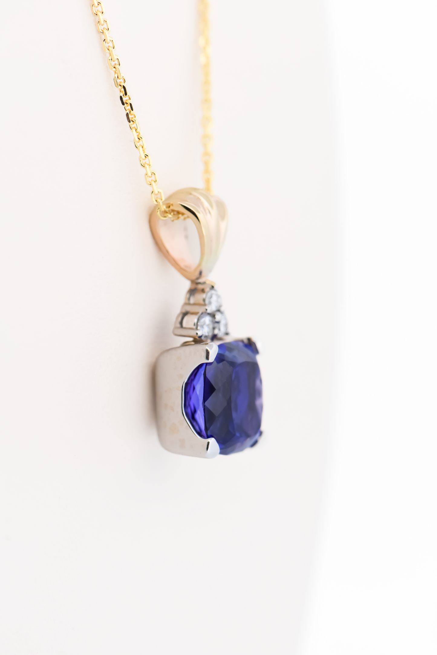 Top Quality Cushion Cut "D Block" Tanzanite & Diamond Pendant in 14k Two-Tone Gold