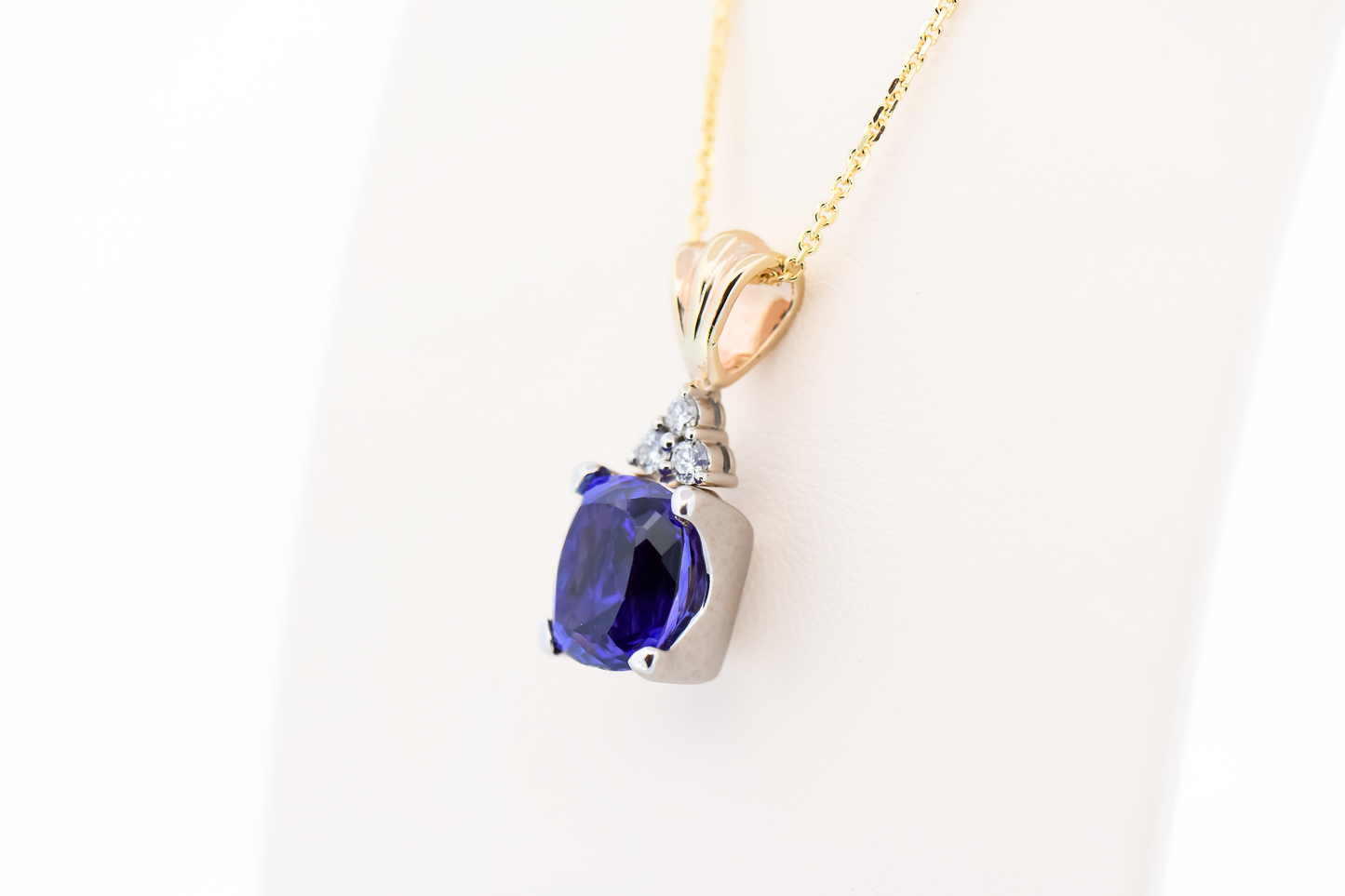 Top Quality Cushion Cut "D Block" Tanzanite & Diamond Pendant in 14k Two-Tone Gold