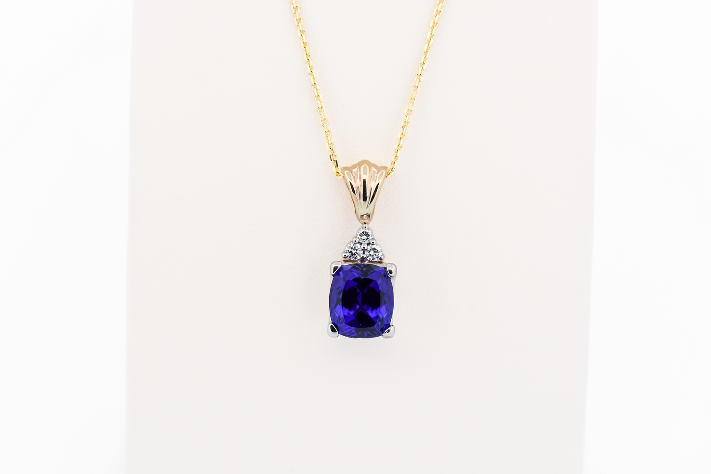 Top Quality Cushion Cut "D Block" Tanzanite & Diamond Pendant in 14k Two-Tone Gold