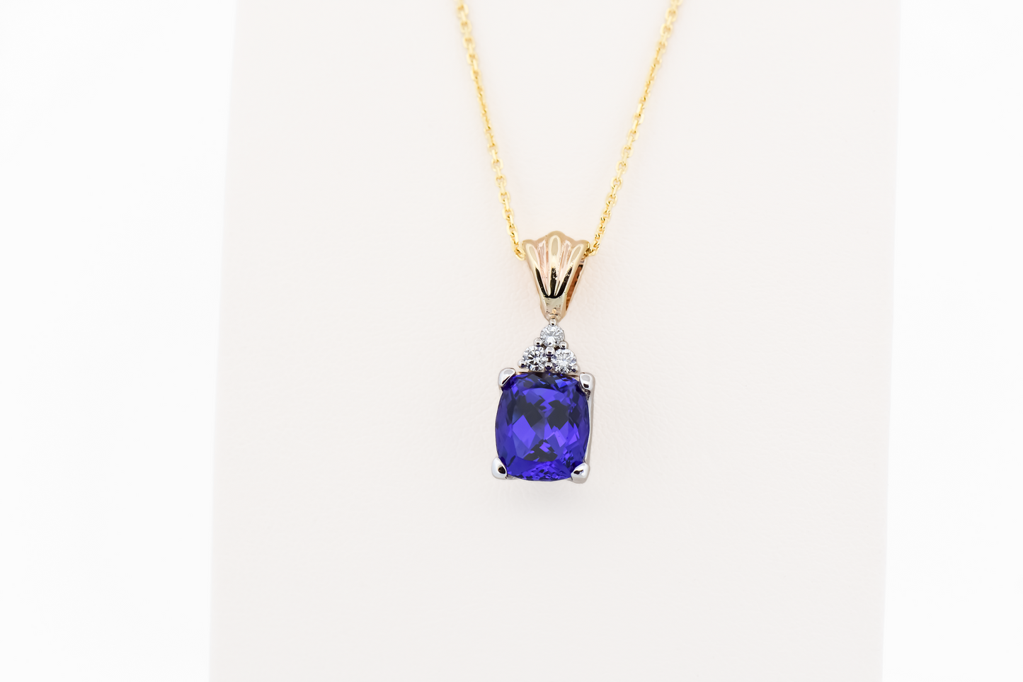 Top Quality Cushion Cut "D Block" Tanzanite & Diamond Pendant in 14k Two-Tone Gold