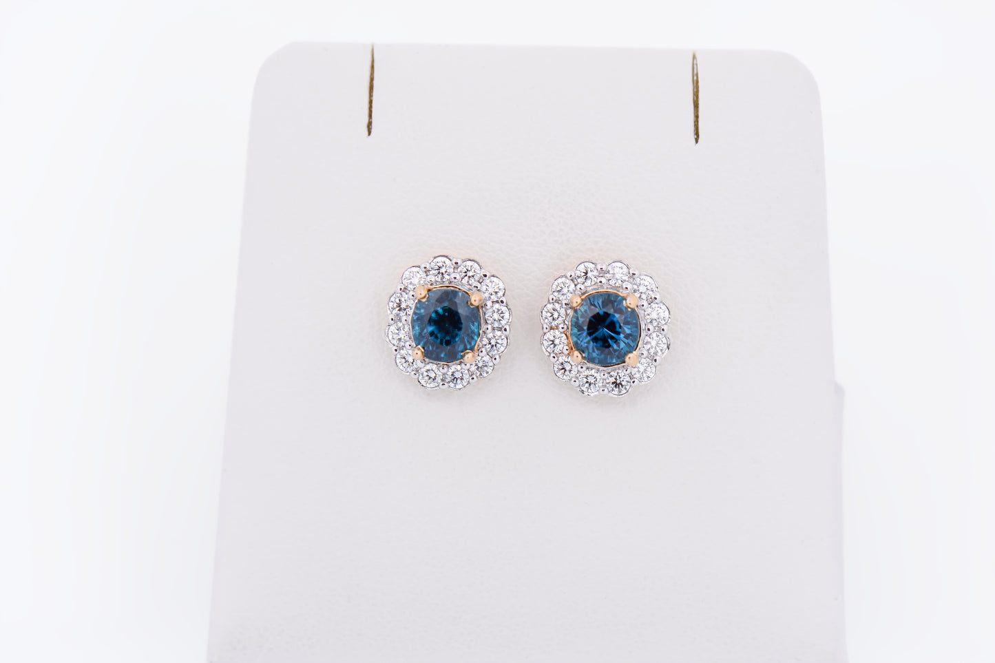 Top Quality Dark Blue Zircon & Diamond Halo Stud Earrings