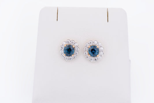 Top Quality Dark Blue Zircon & Diamond Halo Stud Earrings