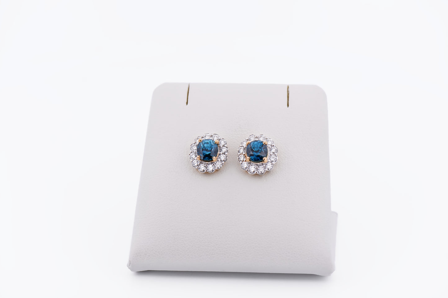 Top Quality Dark Blue Zircon & Diamond Halo Stud Earrings
