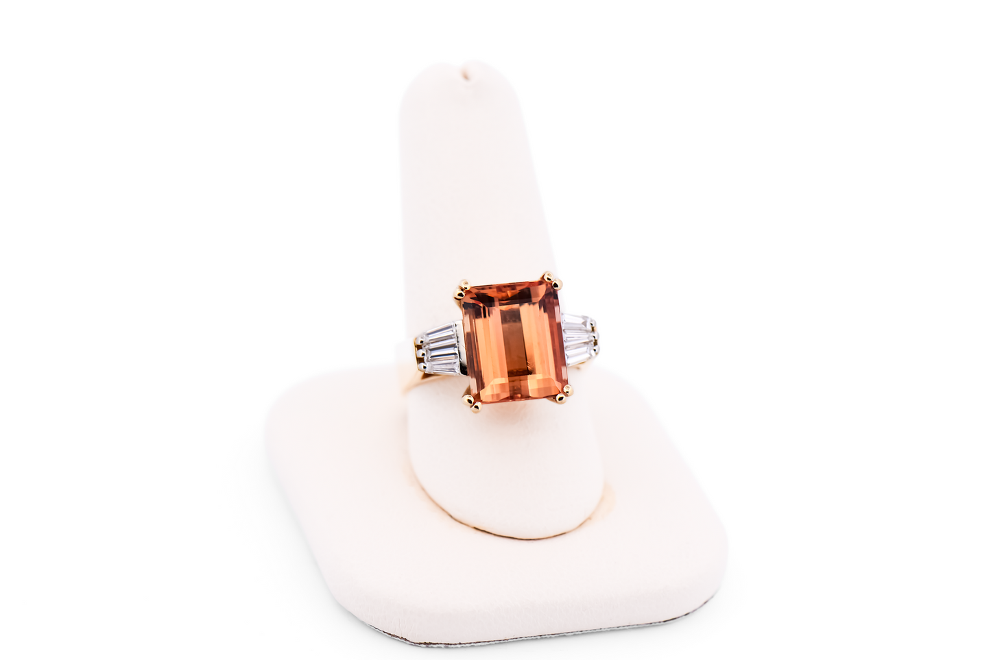 Top Quality Emerald Cut Imperial Topaz Ring with Baguette Diamond Accents