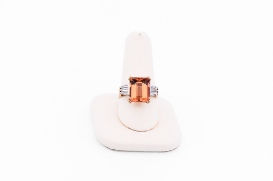 Top Quality Emerald Cut Imperial Topaz Ring with Baguette Diamond Accents