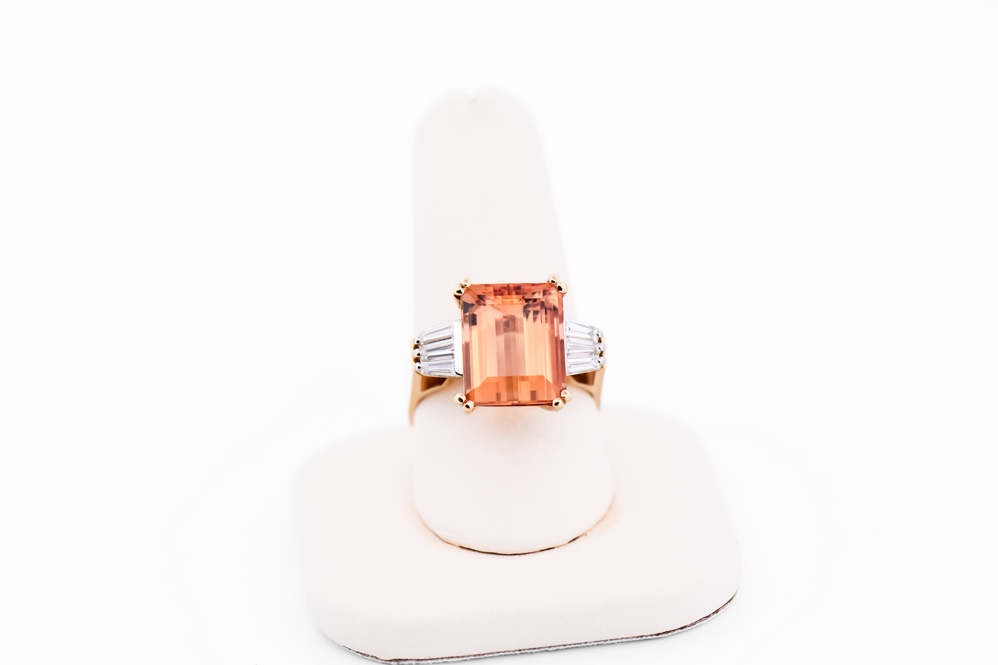 Top Quality Emerald Cut Imperial Topaz Ring with Baguette Diamond Accents