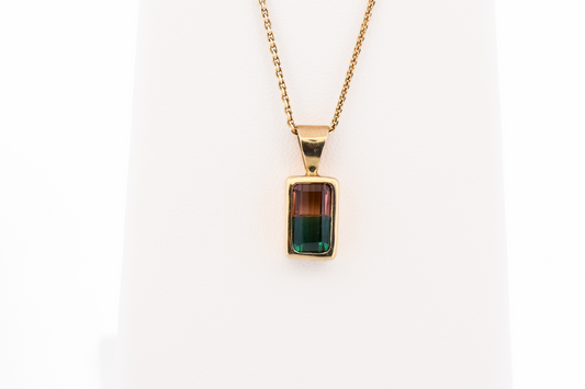 Top Quality Green & Pink Watermelon Tourmaline Pendant in 14k Yellow Gold