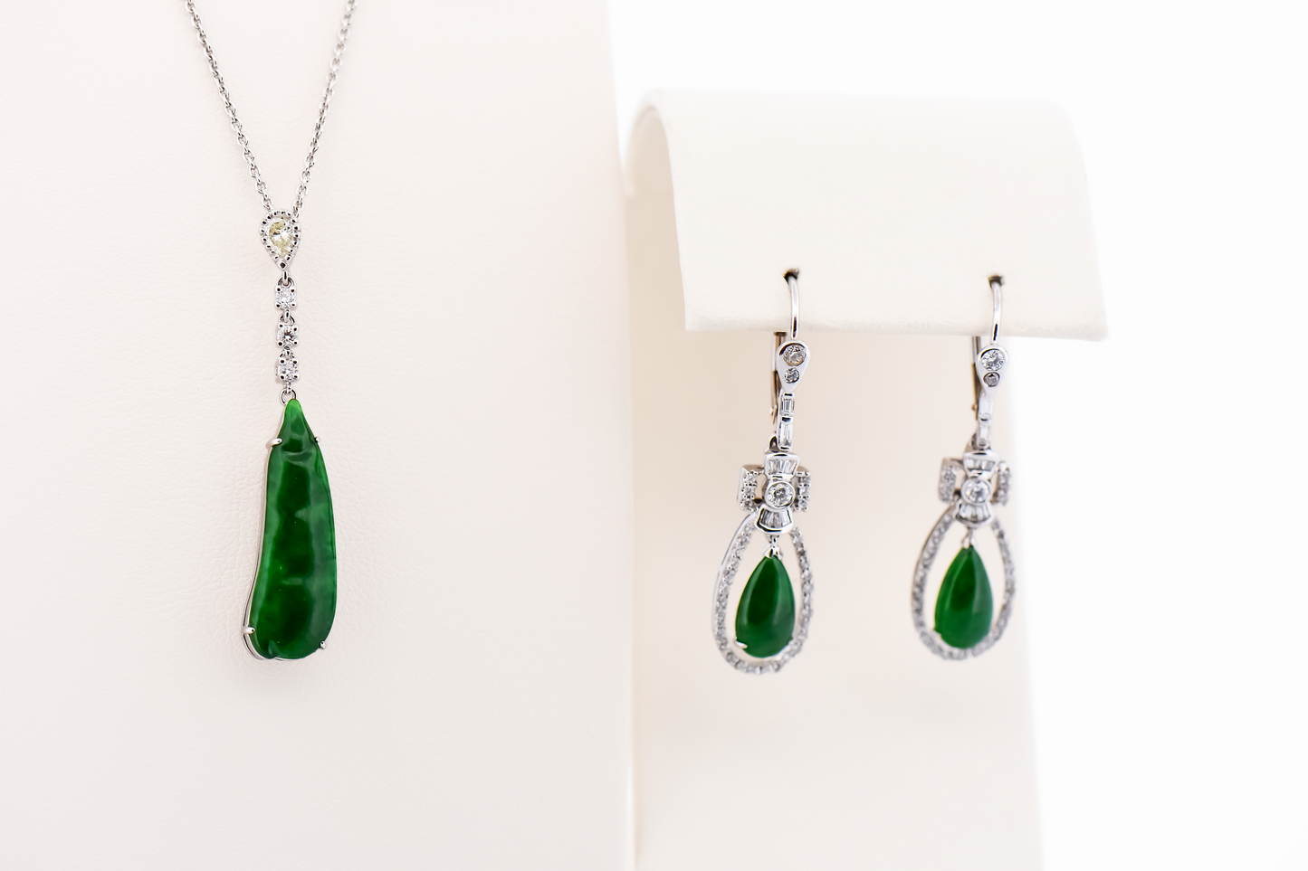 Top Quality Imperial Jade Set - Earrings & Pendant with AAA Green Jadeite & Diamonds