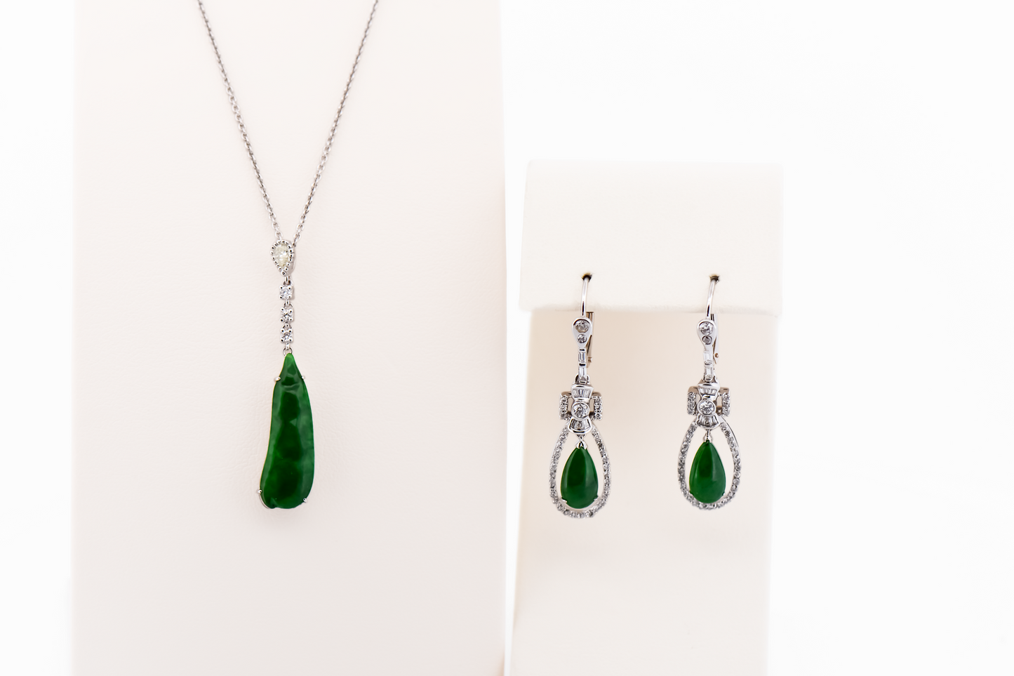 Top Quality Imperial Jade Set - Earrings & Pendant with AAA Green Jadeite & Diamonds