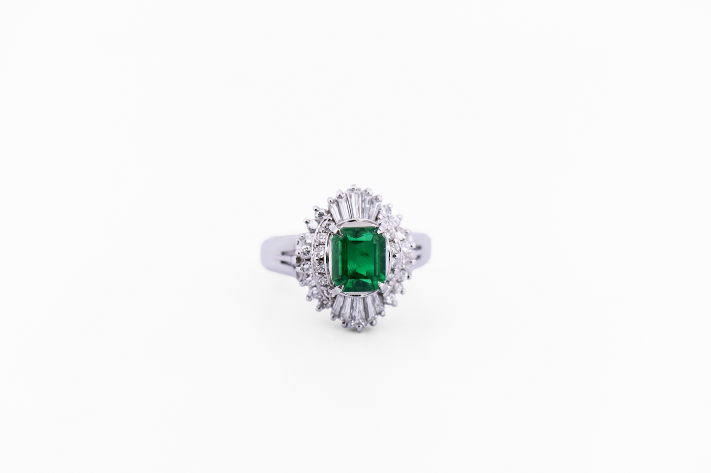 Top Quality Natural Emerald & Diamond Ballerina Ring in Platinum