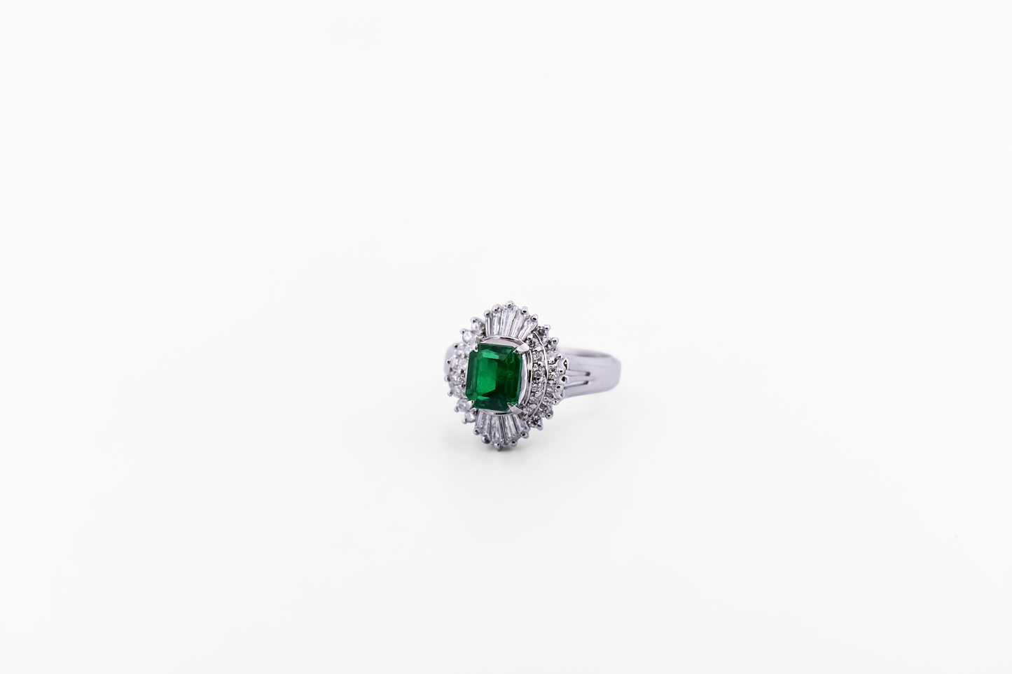 Top Quality Natural Emerald & Diamond Ballerina Ring in Platinum
