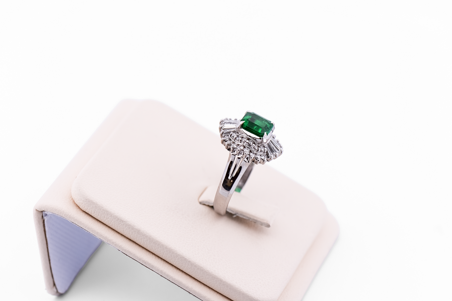 Top Quality Natural Emerald & Diamond Ballerina Ring in Platinum