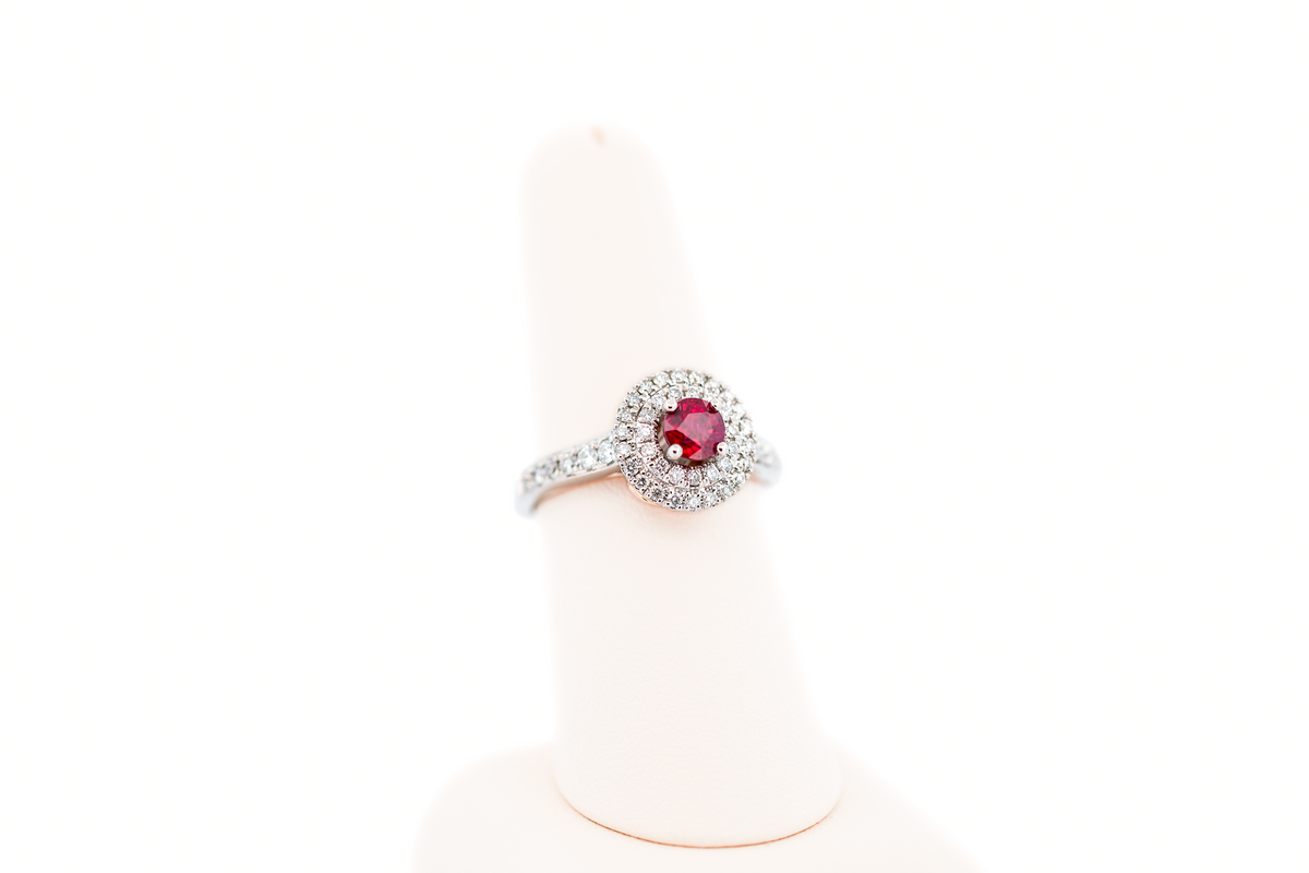 Top Quality Natural Ruby Engagement Ring with Double Halo of Diamonds