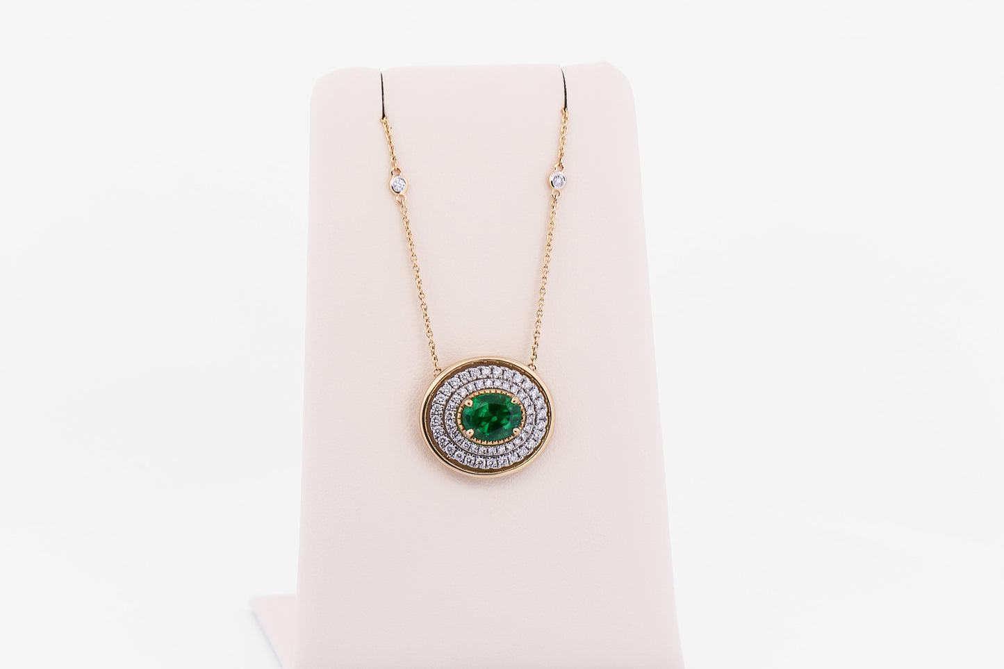 Top Quality Oval Emerald & Diamond Necklace in Two Tone Gold
