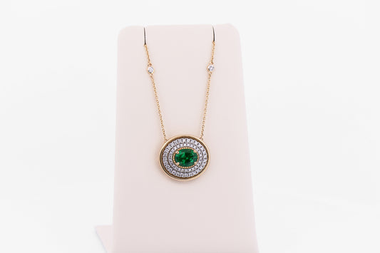 Top Quality Oval Emerald & Diamond Necklace in Two Tone Gold
