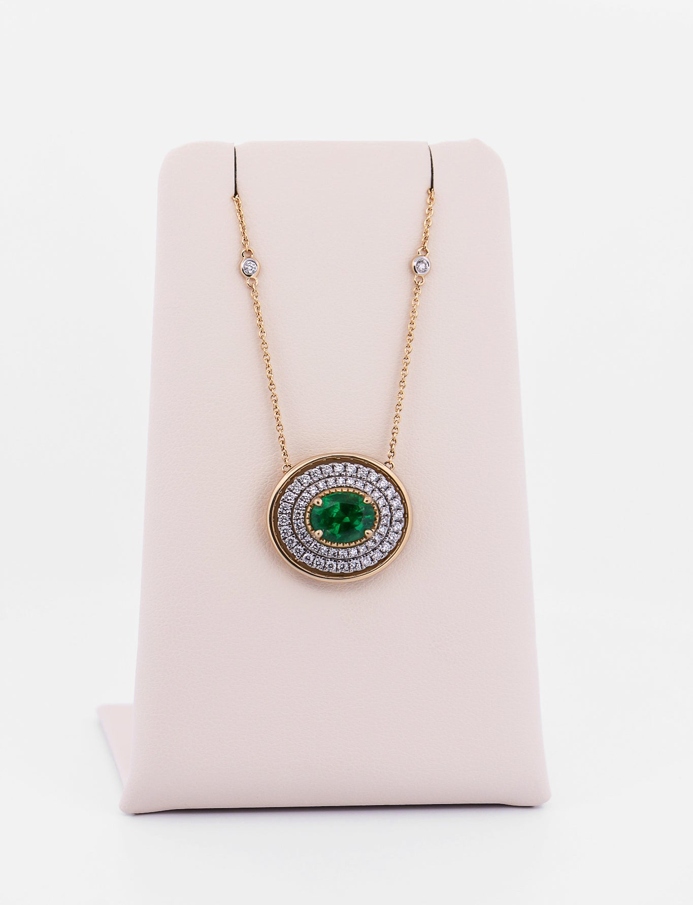 Top Quality Oval Emerald & Diamond Necklace in Two Tone Gold