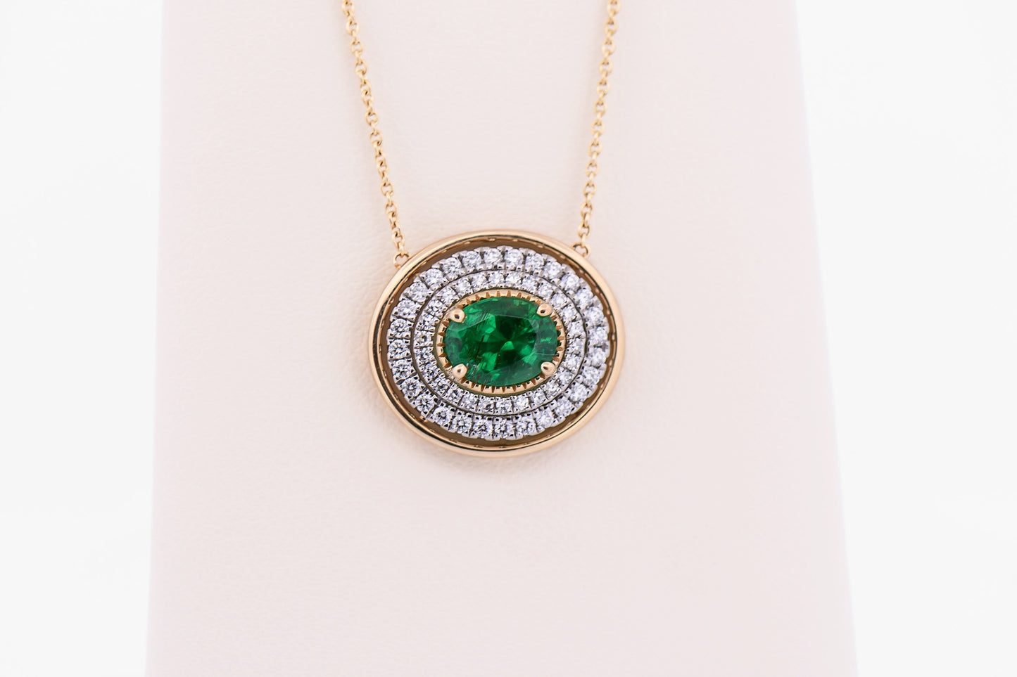 Top Quality Oval Emerald & Diamond Necklace in Two Tone Gold
