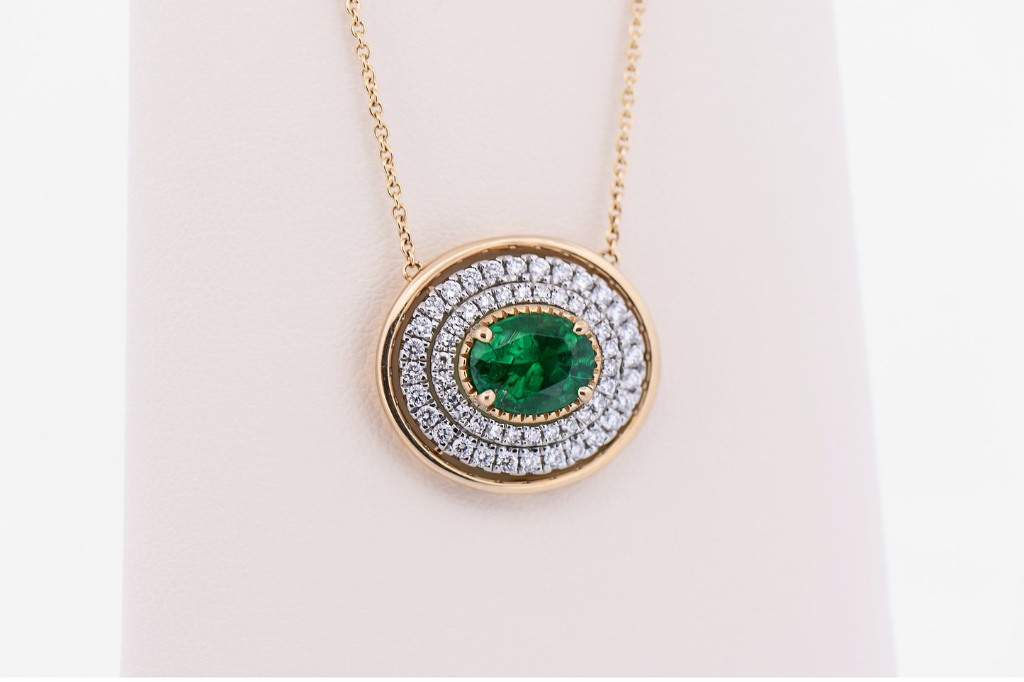 Top Quality Oval Emerald & Diamond Necklace in Two Tone Gold