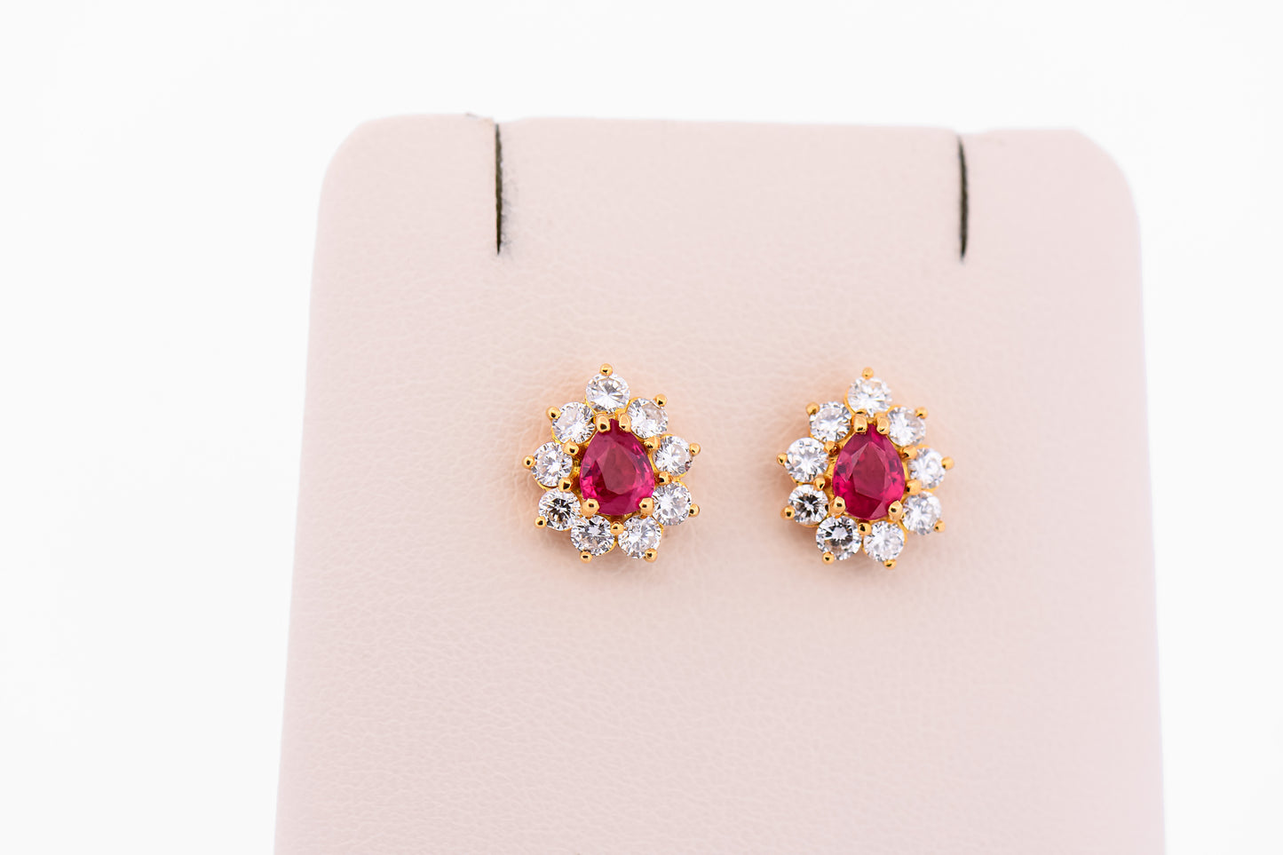 Top Quality Pear Shape Burmese Ruby & Diamond Halo Stud Earrings
