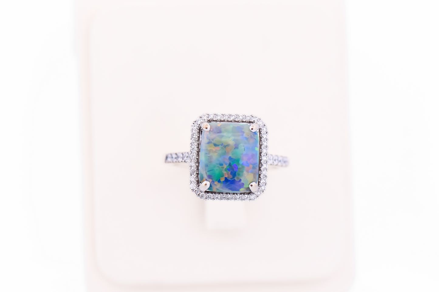 Top Quality Rectangular Australian Black Opal Engagement Ring with Diamond Halo