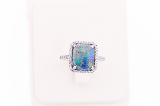 Top Quality Rectangular Australian Black Opal Engagement Ring with Diamond Halo