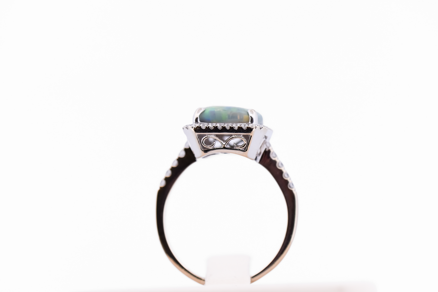 Top Quality Rectangular Australian Black Opal Engagement Ring with Diamond Halo