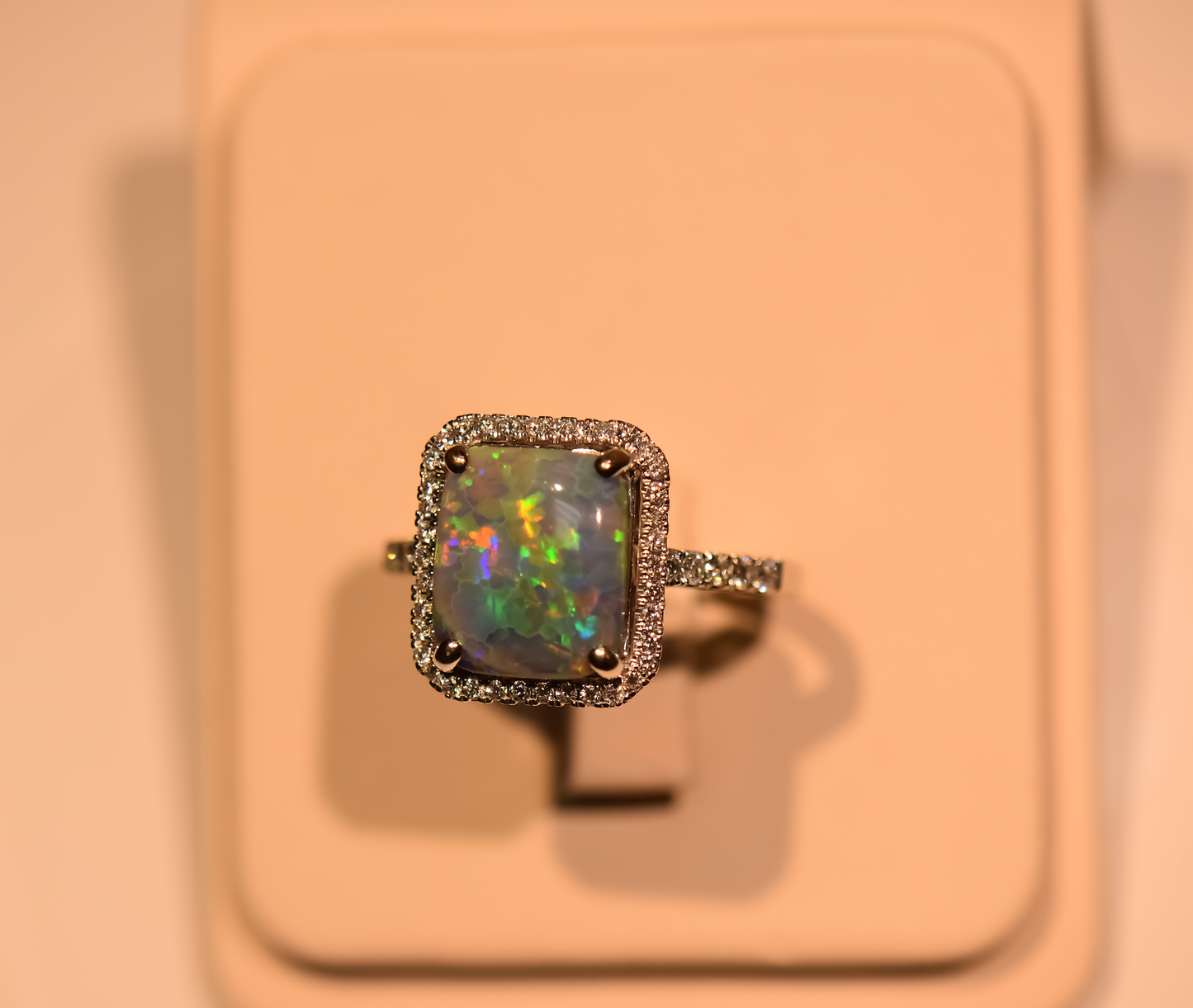 Top Quality Rectangular Australian Black Opal Engagement Ring with Diamond Halo