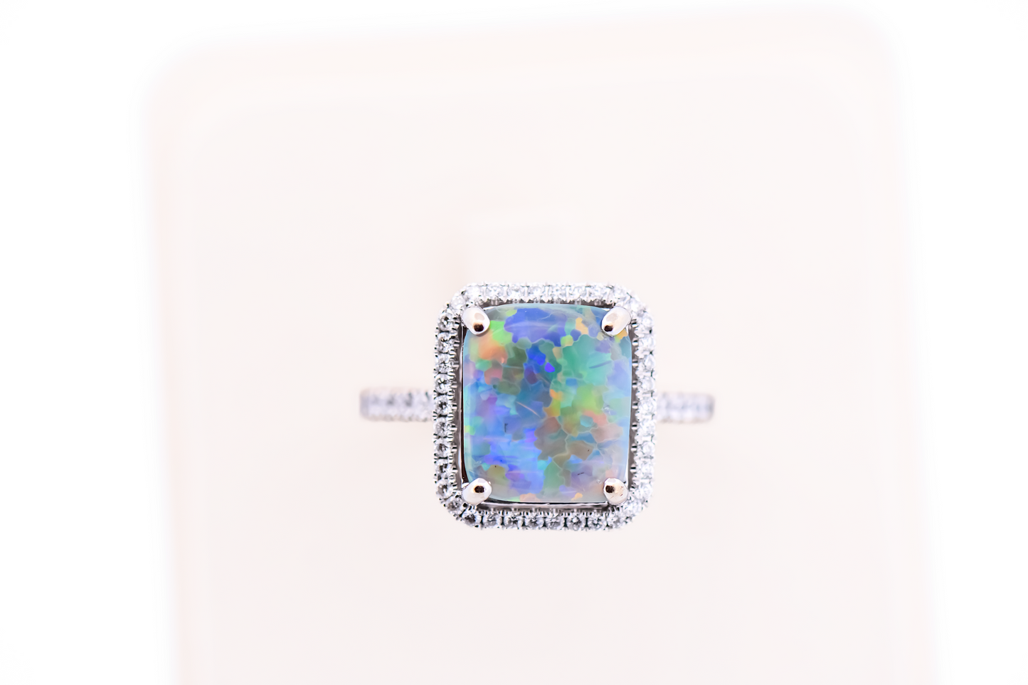 Top Quality Rectangular Australian Black Opal Engagement Ring with Diamond Halo