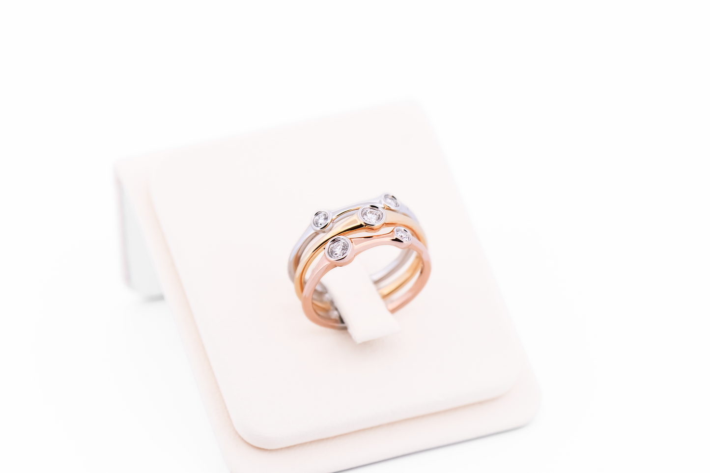 Tricolor Gold Ring with Bezel-Set Diamonds