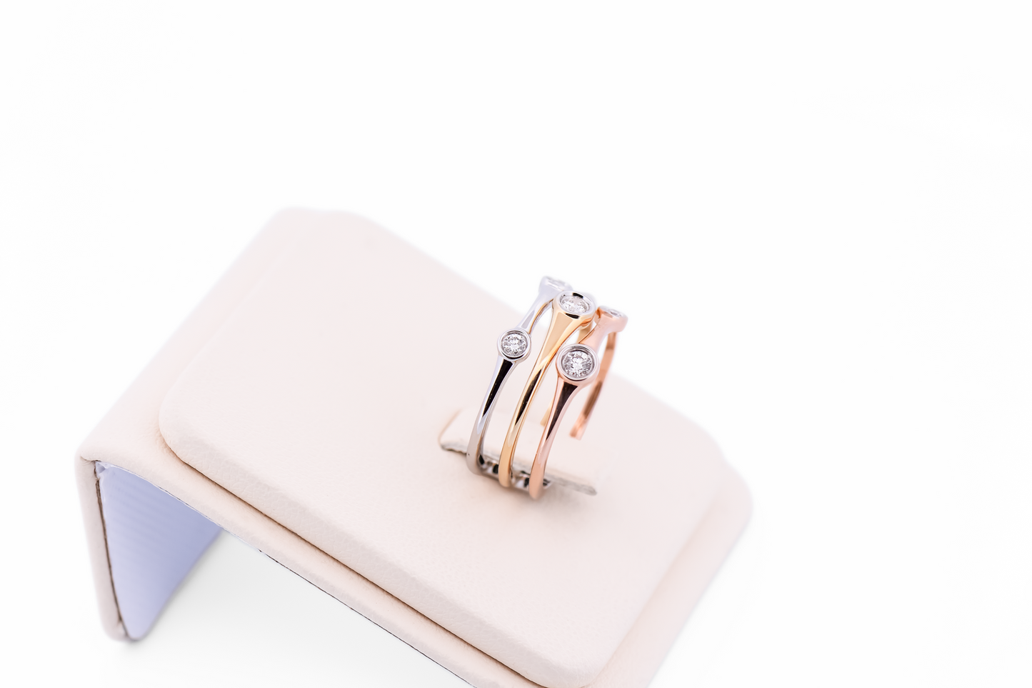Tricolor Gold Ring with Bezel-Set Diamonds