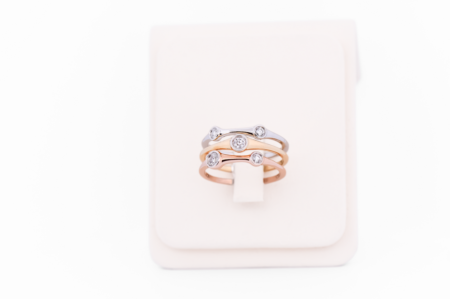 Tricolor Gold Ring with Bezel-Set Diamonds