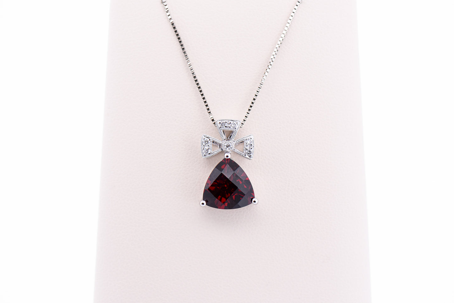 Trillion Red Garnet Pendant with White Gold Cross Design & Diamonds