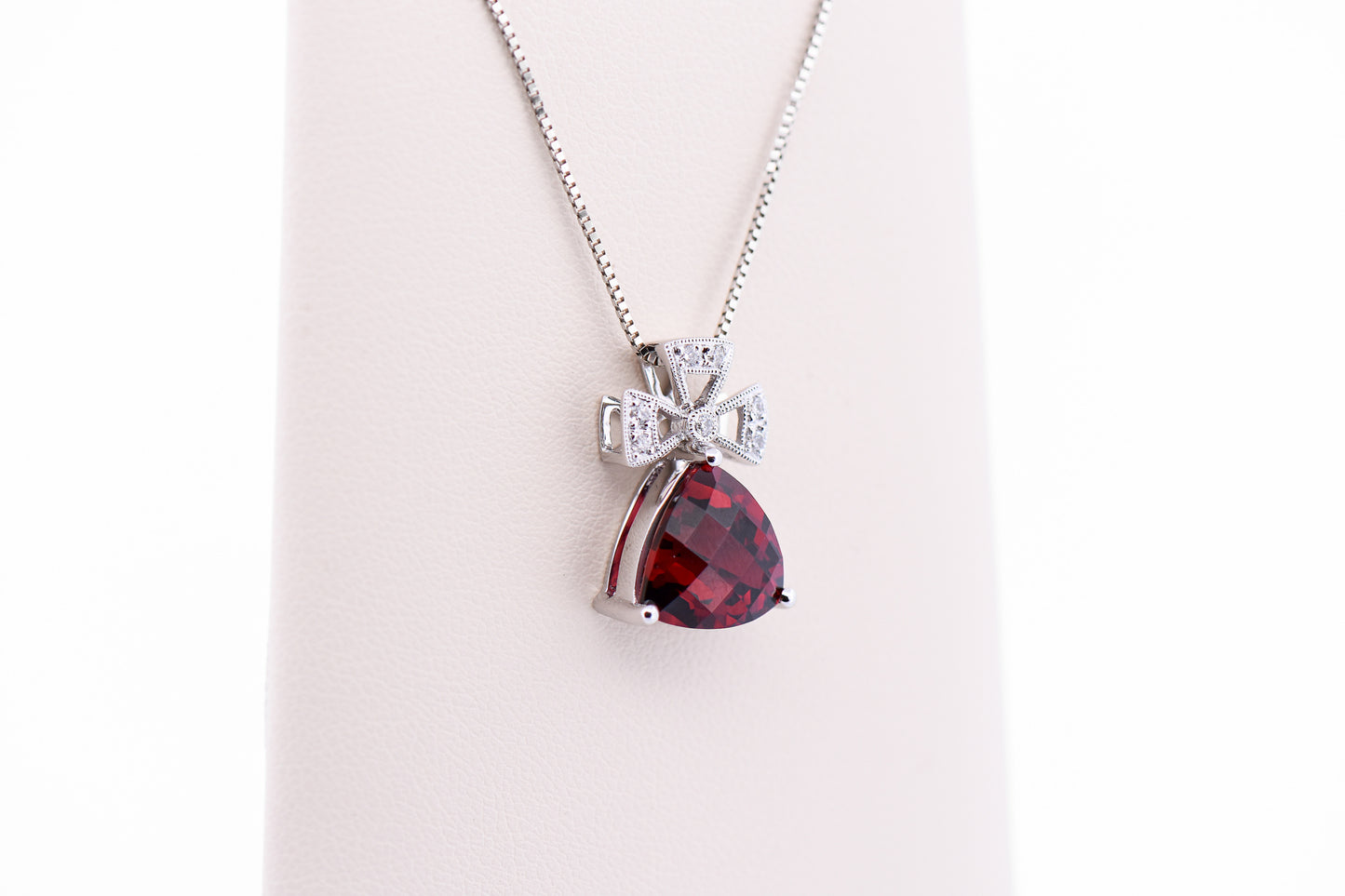 Trillion Red Garnet Pendant with White Gold Cross Design & Diamonds