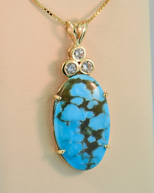Huge Kingman Turquoise & Diamond Pendant Set in Gold