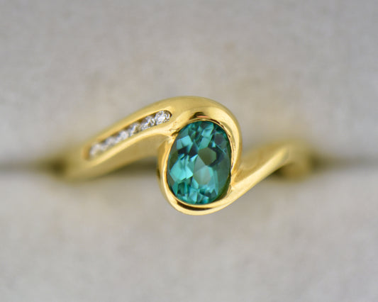 Custom 18k Gold Ring with Bezel Set Electric Teal Tourmaline