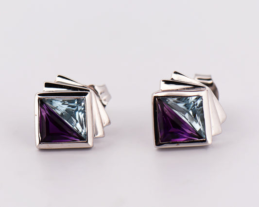 Geometric Amethyst & Blue Topaz Earrings in White Gold