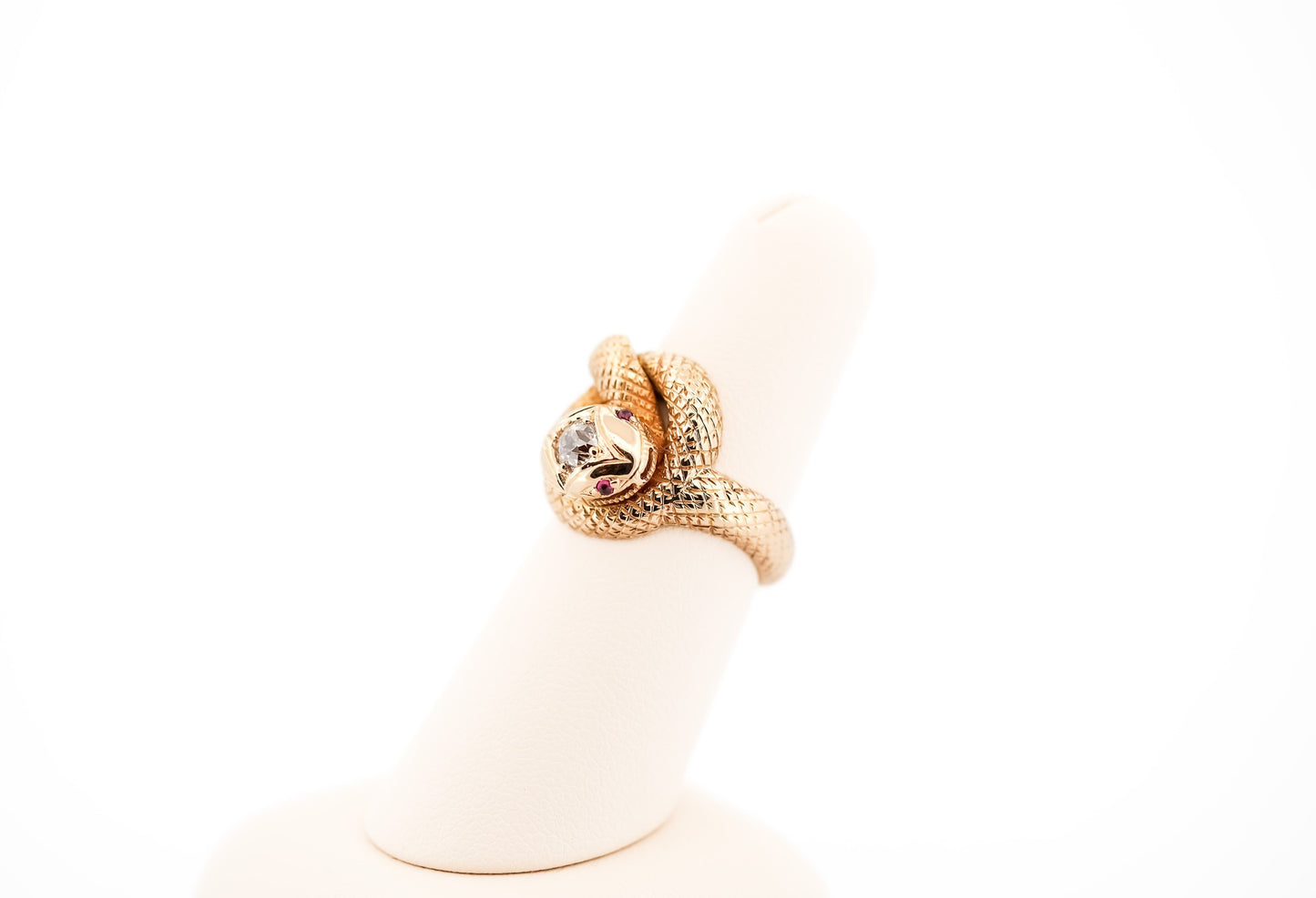Unisex Antique Coiled Snake Ring with Old Mine Cut Diamond Head & Ruby Eyes