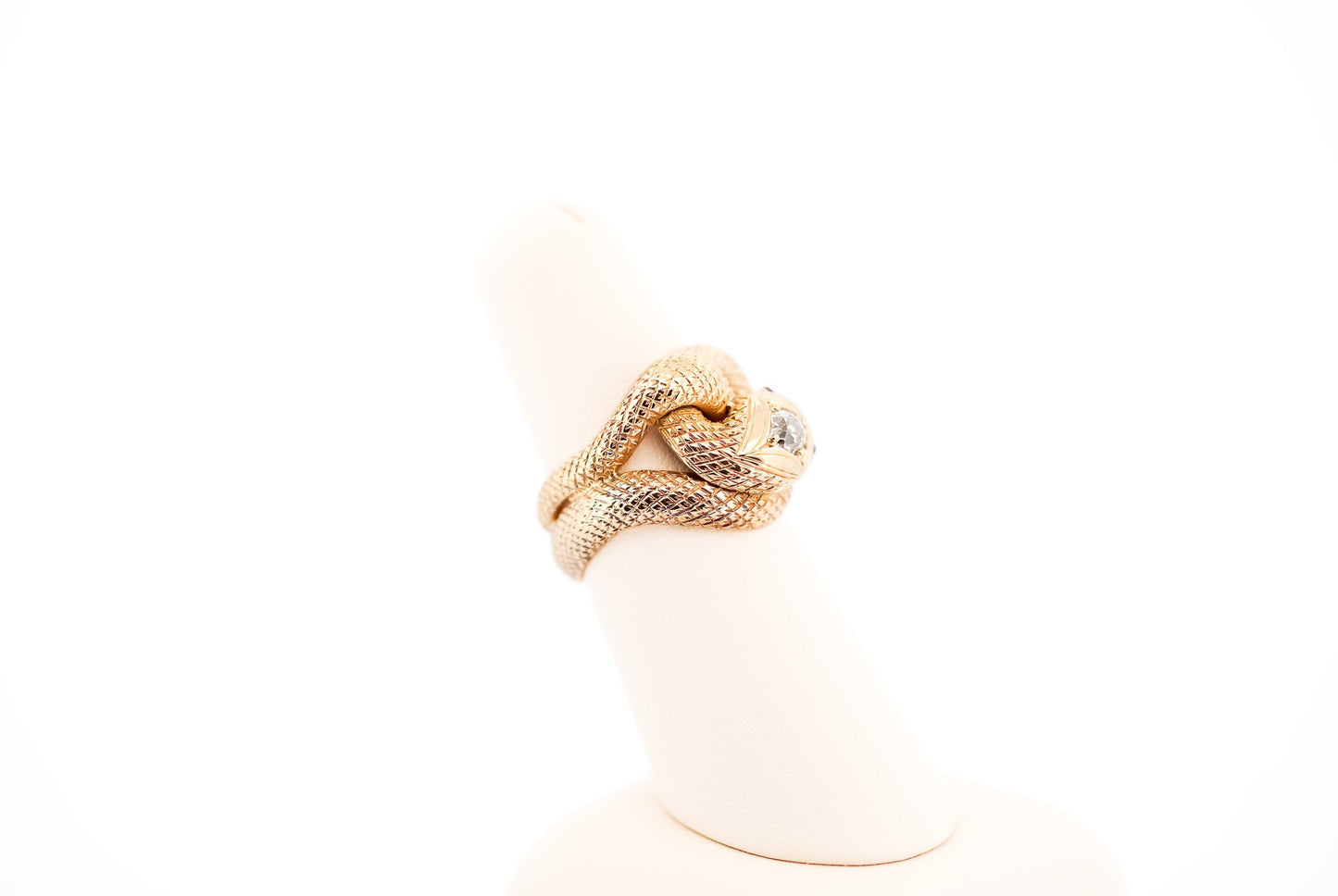 Unisex Antique Coiled Snake Ring with Old Mine Cut Diamond Head & Ruby Eyes
