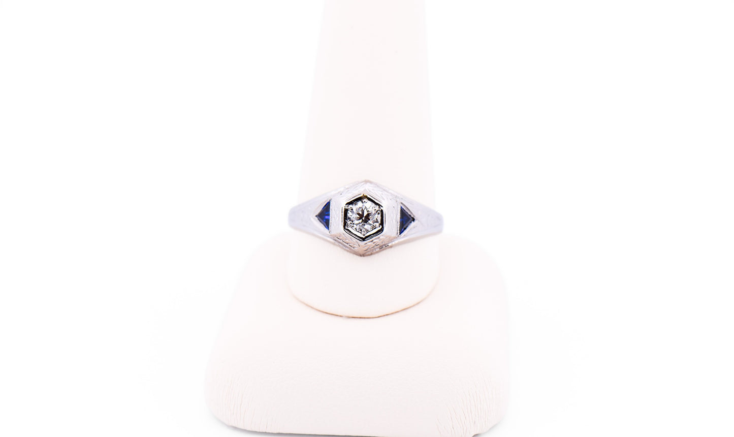 Unisex Art Deco Hexagonal Ring with Old European Cut Diamond & Sapphires - Belais