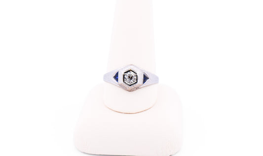 Unisex Art Deco Hexagonal Ring with Old European Cut Diamond & Sapphires - Belais
