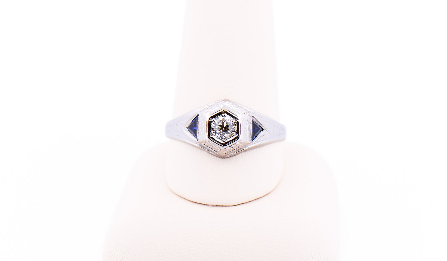 Unisex Art Deco Hexagonal Ring with Old European Cut Diamond & Sapphires - Belais