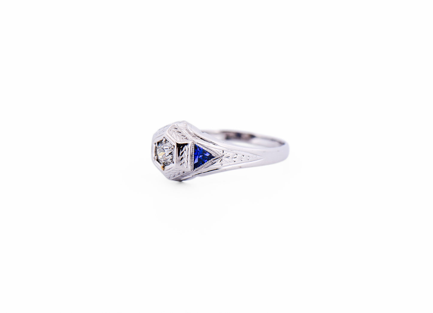 Unisex Art Deco Hexagonal Ring with Old European Cut Diamond & Sapphires - Belais