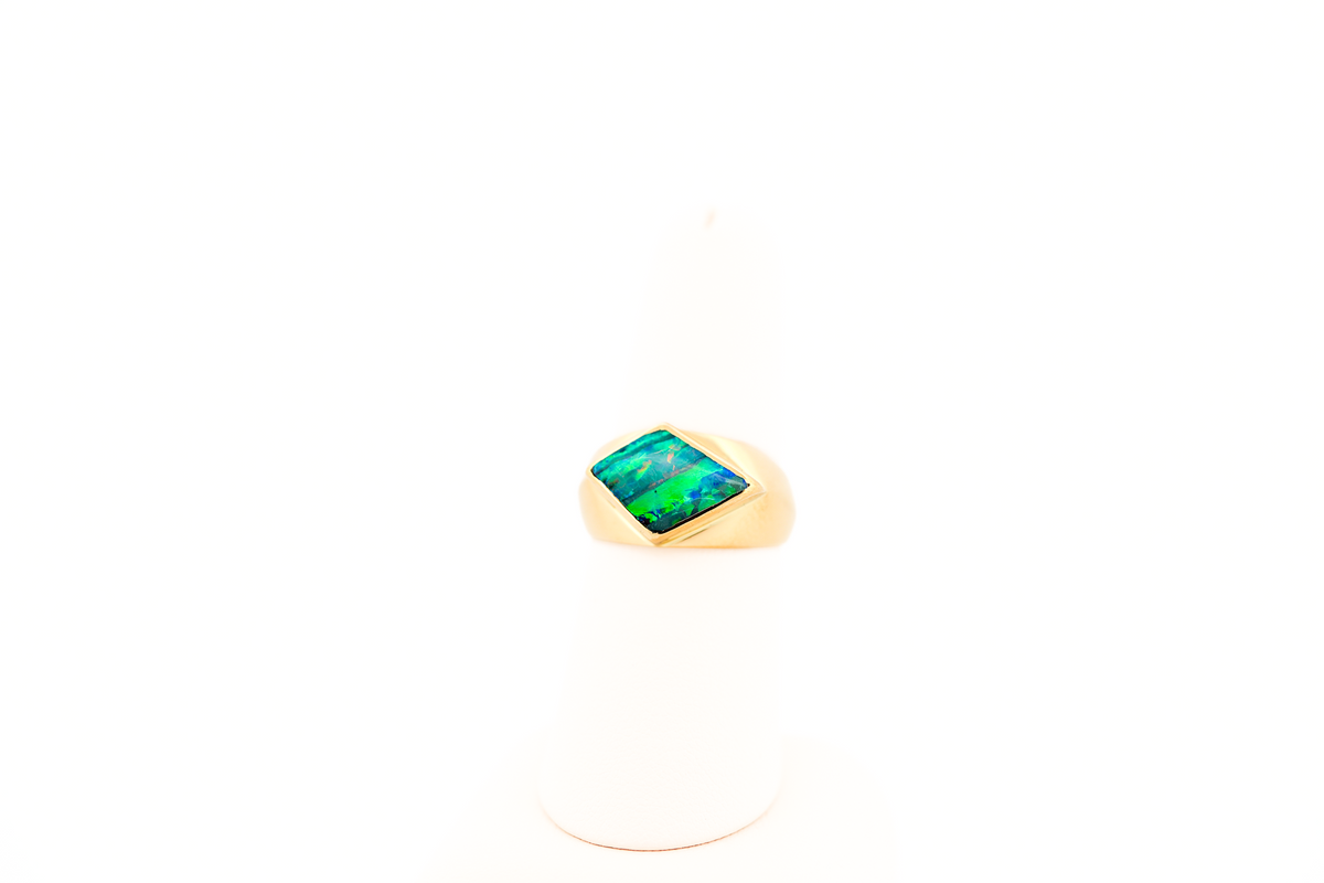 Unisex Australian Boulder Opal Ring Bezel Set in Yellow Gold - Neon Stripes of Color