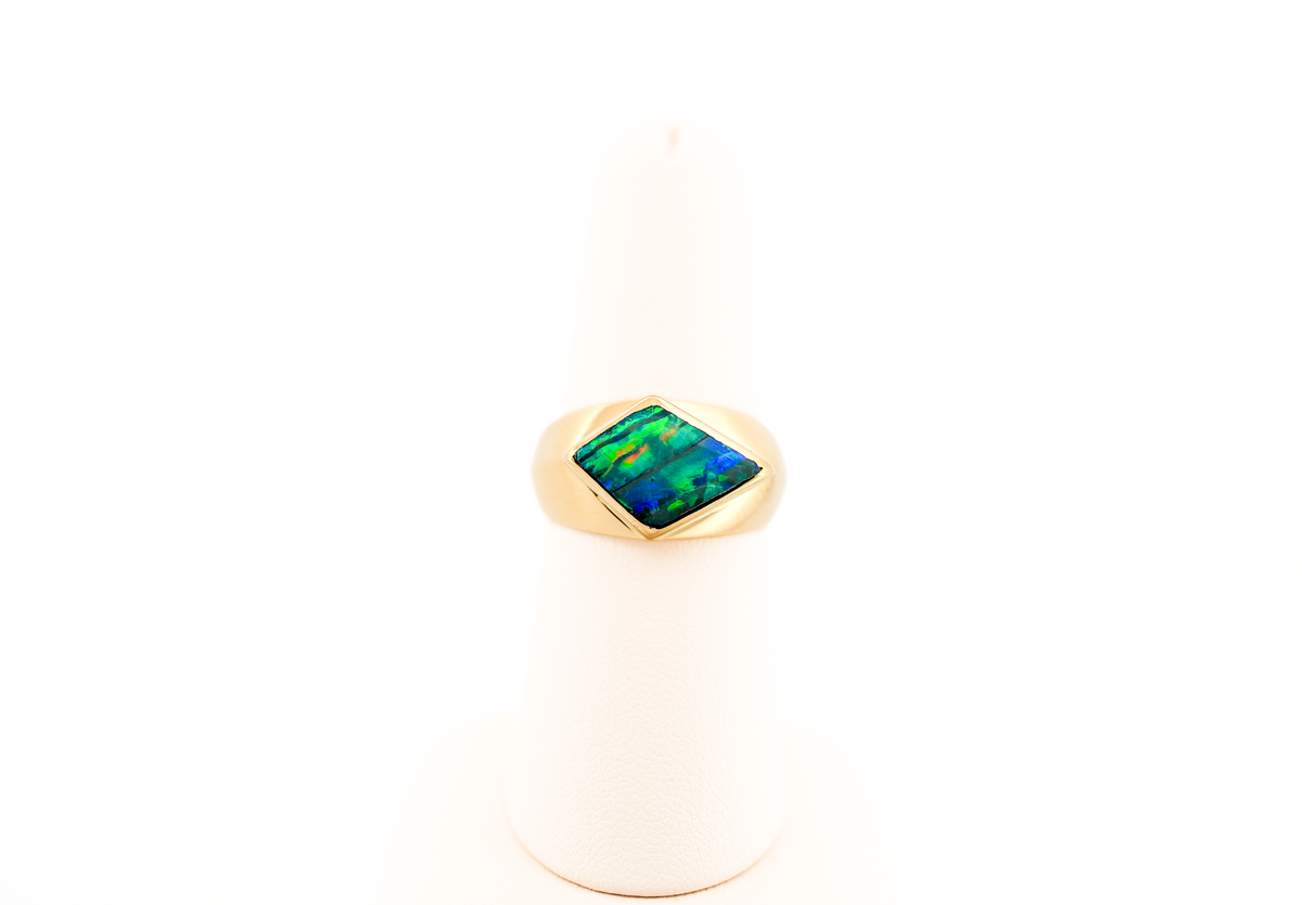 Unisex Australian Boulder Opal Ring Bezel Set in Yellow Gold - Neon Stripes of Color