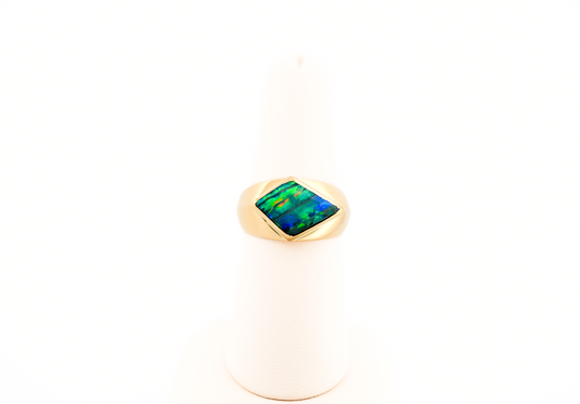Unisex Australian Boulder Opal Ring Bezel Set in Yellow Gold - Neon Stripes of Color