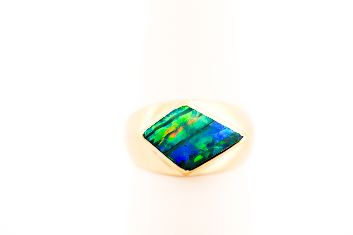 Unisex Australian Boulder Opal Ring Bezel Set in Yellow Gold - Neon Stripes of Color