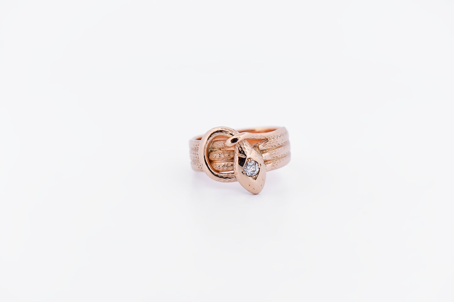 Unisex Victorian Snake Ring - 14k Rose Gold with Old Mine Cut Diamond