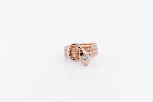 Unisex Victorian Snake Ring - 14k Rose Gold with Old Mine Cut Diamond